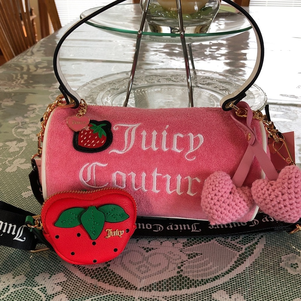 Juicy Couture Pink Velvet Barrel Bag with Heart Charm and Strawberry Pouch - Picture 7 of 11